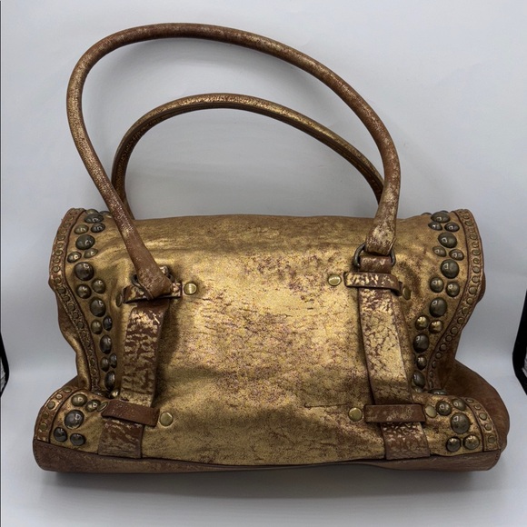 Like New Tre Vero XL Purse Bronze Gold Distressed Shimmer Studded Leather Bag - Picture 6 of 13